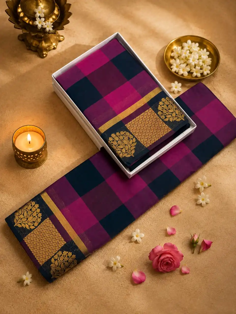 Floral Brocade Border Check Chettinad Saree